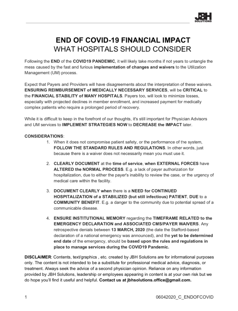 END of COVID-19 Financial considerations for hospitals